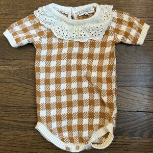 Bebe Organic nutmeg gingham onesie with cream lace collar, Size 3 months
